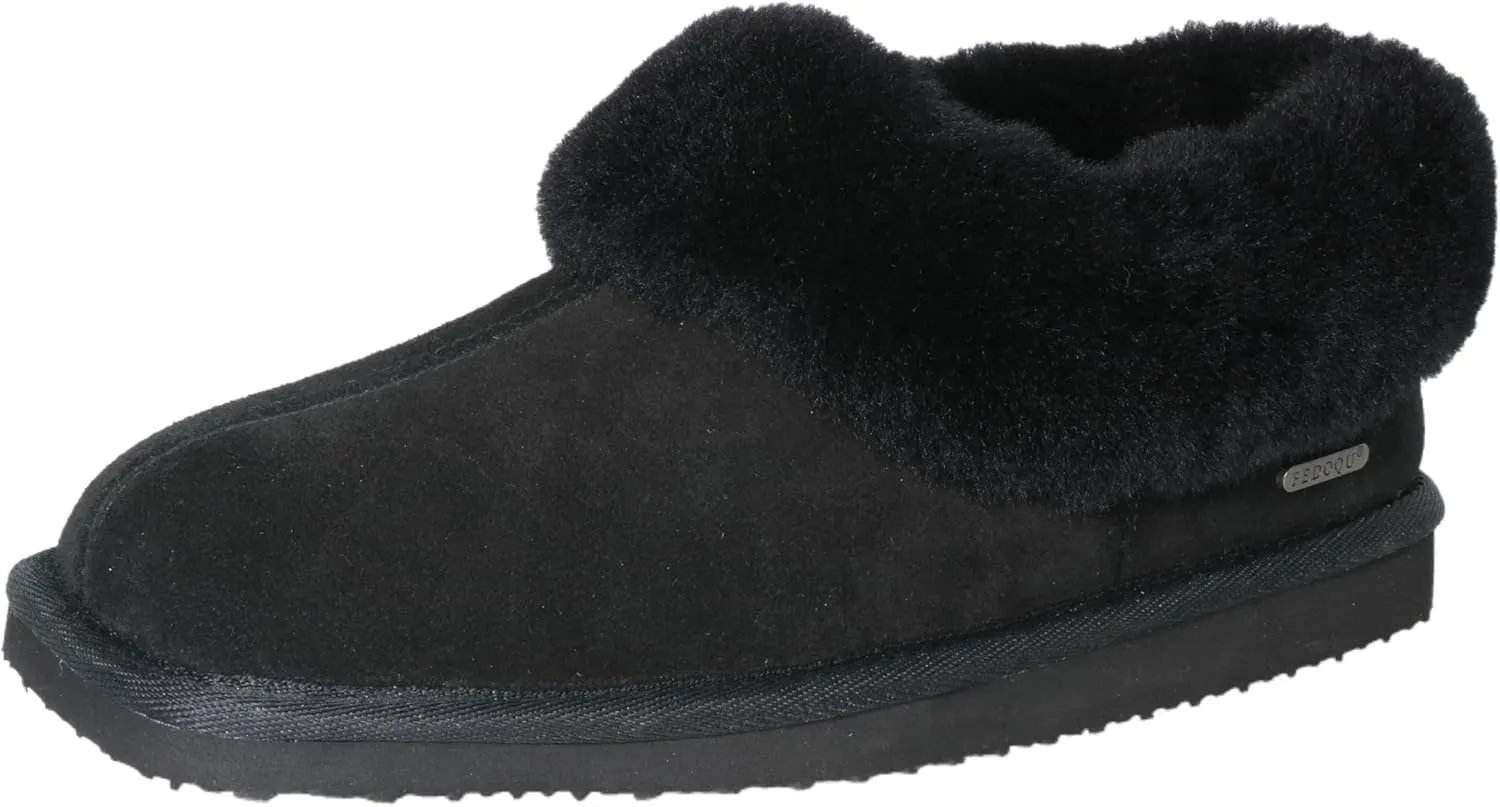 Square Toe Womes Leather Shearling Ankle Bootie EVA Soles Comfortable & Light-Weight Indoor Outdoor House Slipper