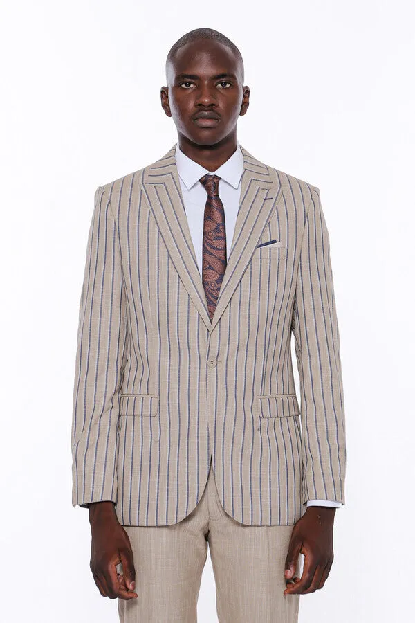 Striped Blazer Plain Pants Beige Men Suit - Wessi