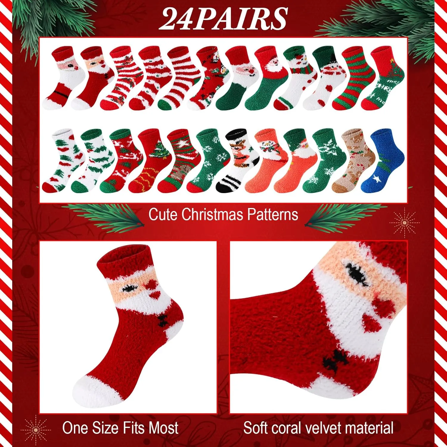 Suhine 24 Pairs Christmas Fuzzy Fluffy Slipper Novelty Socks for Women Men Xmas Gifts