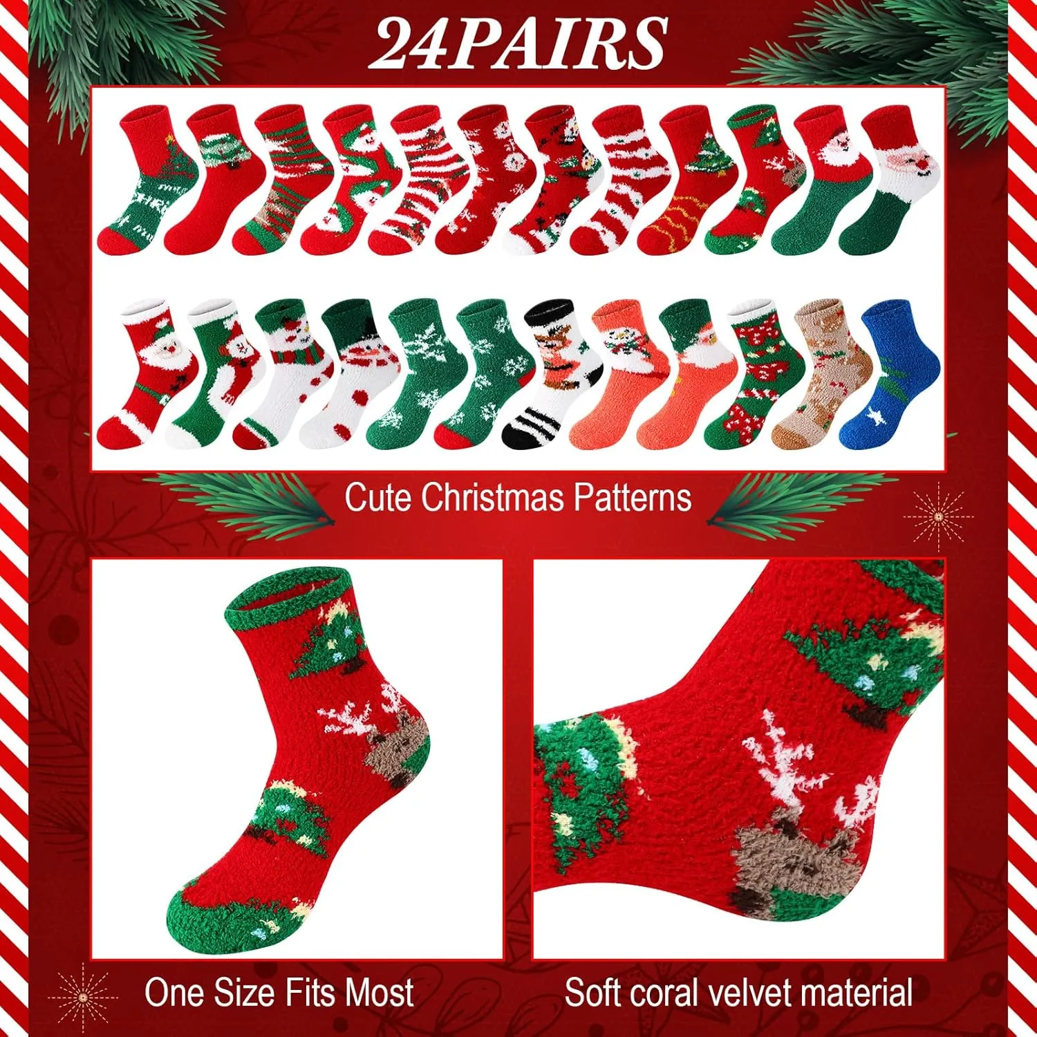 Suhine 24 Pairs Christmas Fuzzy Fluffy Slipper Novelty Socks for Women Men Xmas Gifts