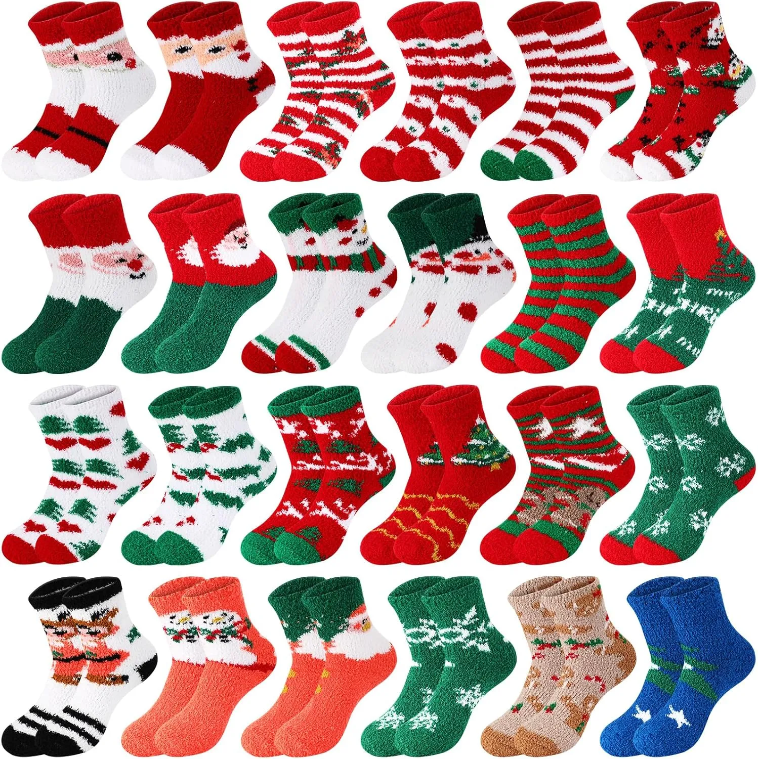 Suhine 24 Pairs Christmas Fuzzy Fluffy Slipper Novelty Socks for Women Men Xmas Gifts