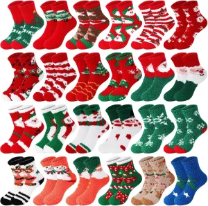 Suhine 24 Pairs Christmas Fuzzy Fluffy Slipper Novelty Socks for Women Men Xmas Gifts
