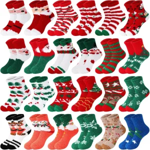 Suhine 24 Pairs Christmas Fuzzy Fluffy Slipper Novelty Socks for Women Men Xmas Gifts