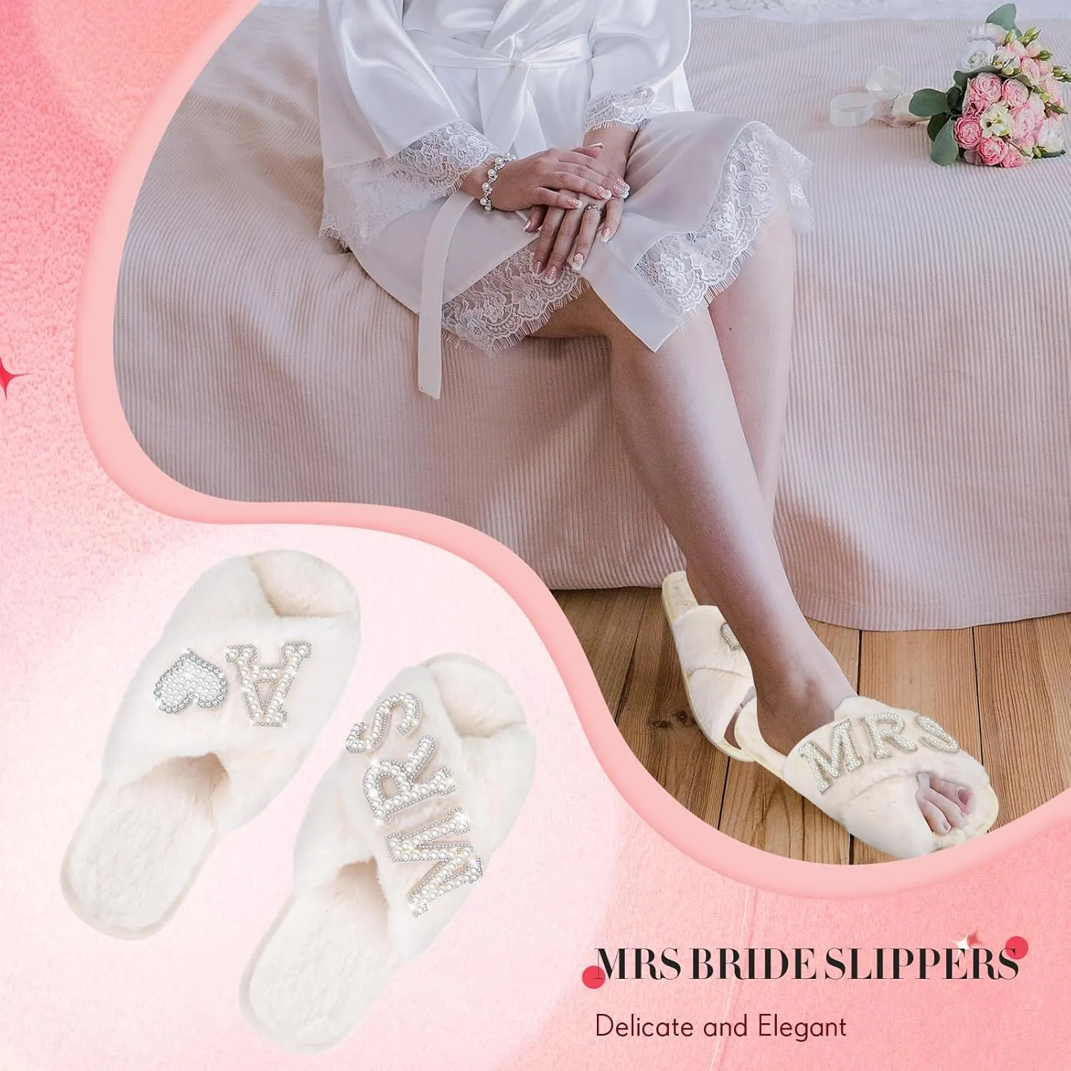 Tarpop Bride Slippers Mrs Slipper for Wedding with Personalized Initial Pearl Design Bridal Gifts