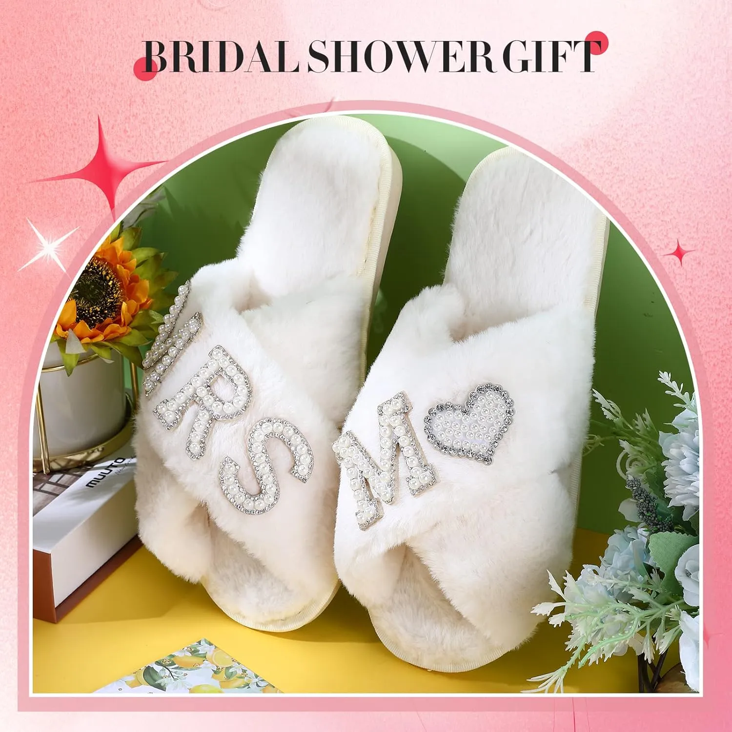 Tarpop Bride Slippers Mrs Slipper for Wedding with Personalized Initial Pearl Design Bridal Gifts