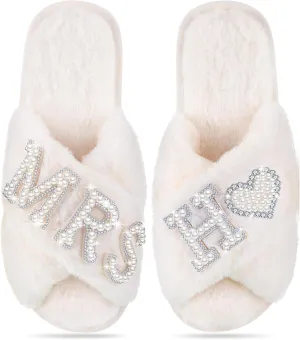 Tarpop Bride Slippers Mrs Slipper for Wedding with Personalized Initial Pearl Design Bridal Gifts