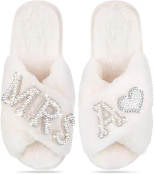 Tarpop Bride Slippers Mrs Slipper for Wedding with Personalized Initial Pearl Design Bridal Gifts