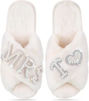 Tarpop Bride Slippers Mrs Slipper for Wedding with Personalized Initial Pearl Design Bridal Gifts