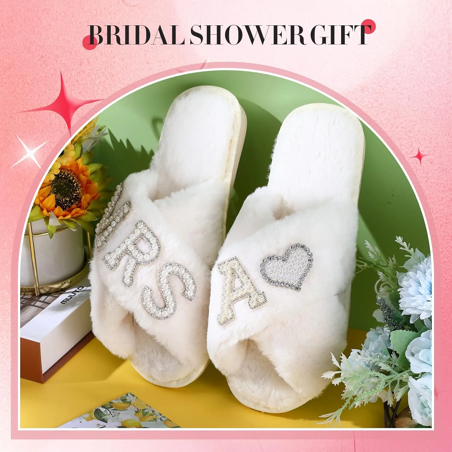 Tarpop Bride Slippers Mrs Slipper for Wedding with Personalized Initial Pearl Design Bridal Gifts