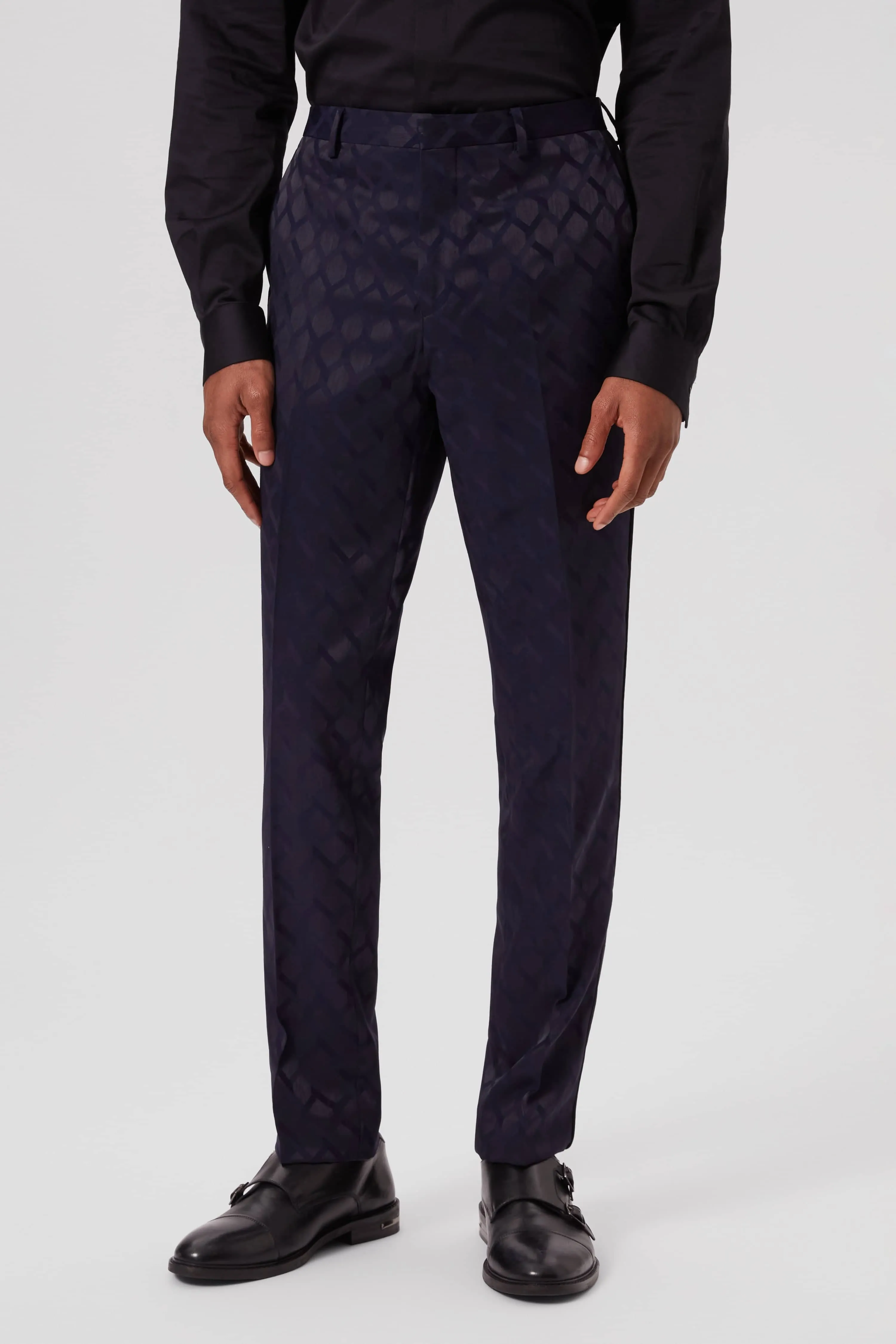 Tate Slim Fit Navy Jacquard Tuxedo Trousers - ARCHIVE