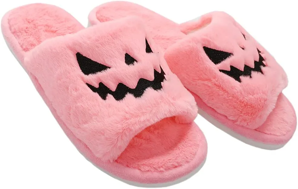 TITTOK Spooky Slides Halloween Slippers Jack O Lantern Pumpkin Soft Plush Cozy Open Toe Indoor Outdoor Fuzzy Slippers Gifts For Girls Women Girlfriend Men