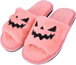 TITTOK Spooky Slides Halloween Slippers Jack O Lantern Pumpkin Soft Plush Cozy Open Toe Indoor Outdoor Fuzzy Slippers Gifts For Girls Women Girlfriend Men