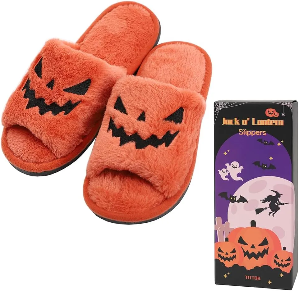 TITTOK Spooky Slides Halloween Slippers Jack O Lantern Pumpkin Soft Plush Cozy Open Toe Indoor Outdoor Fuzzy Slippers Gifts For Girls Women Girlfriend Men