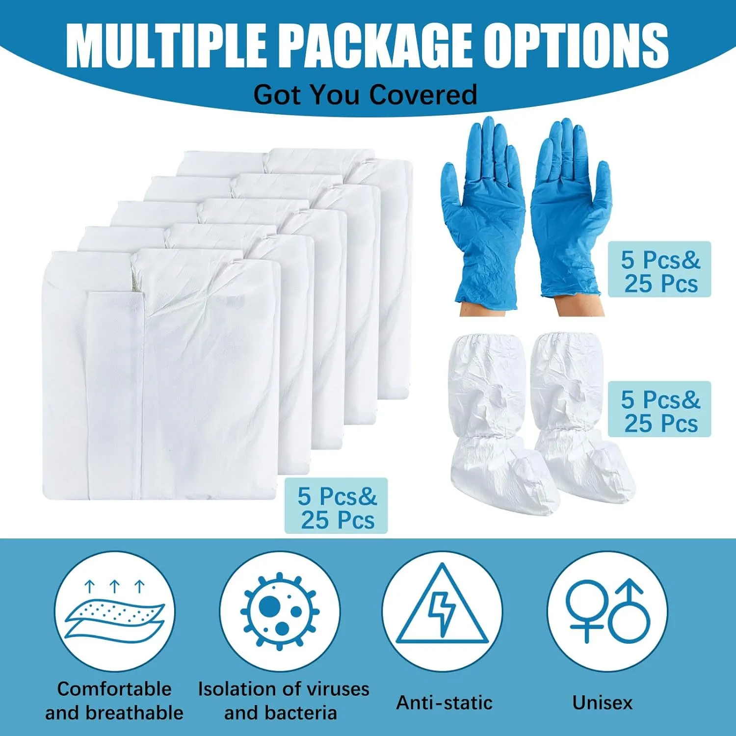 TrelaCo 5 Set Hazmat Suit Disposable Protective Coverall Suit with Shoe Cover Nitrile Gloves Breathable Water Proof Paint Coveralls (L)