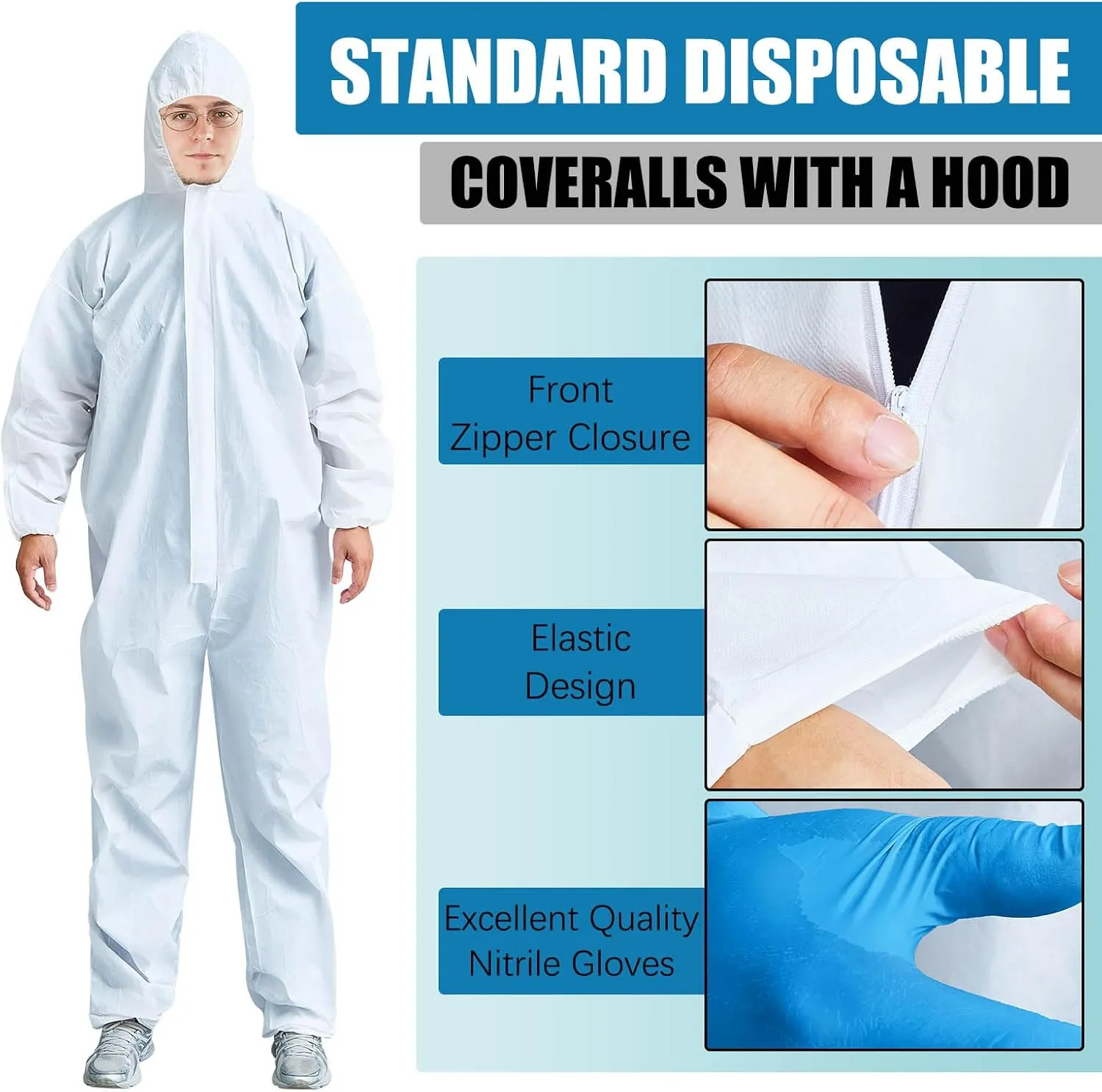 TrelaCo 5 Set Hazmat Suit Disposable Protective Coverall Suit with Shoe Cover Nitrile Gloves Breathable Water Proof Paint Coveralls (L)