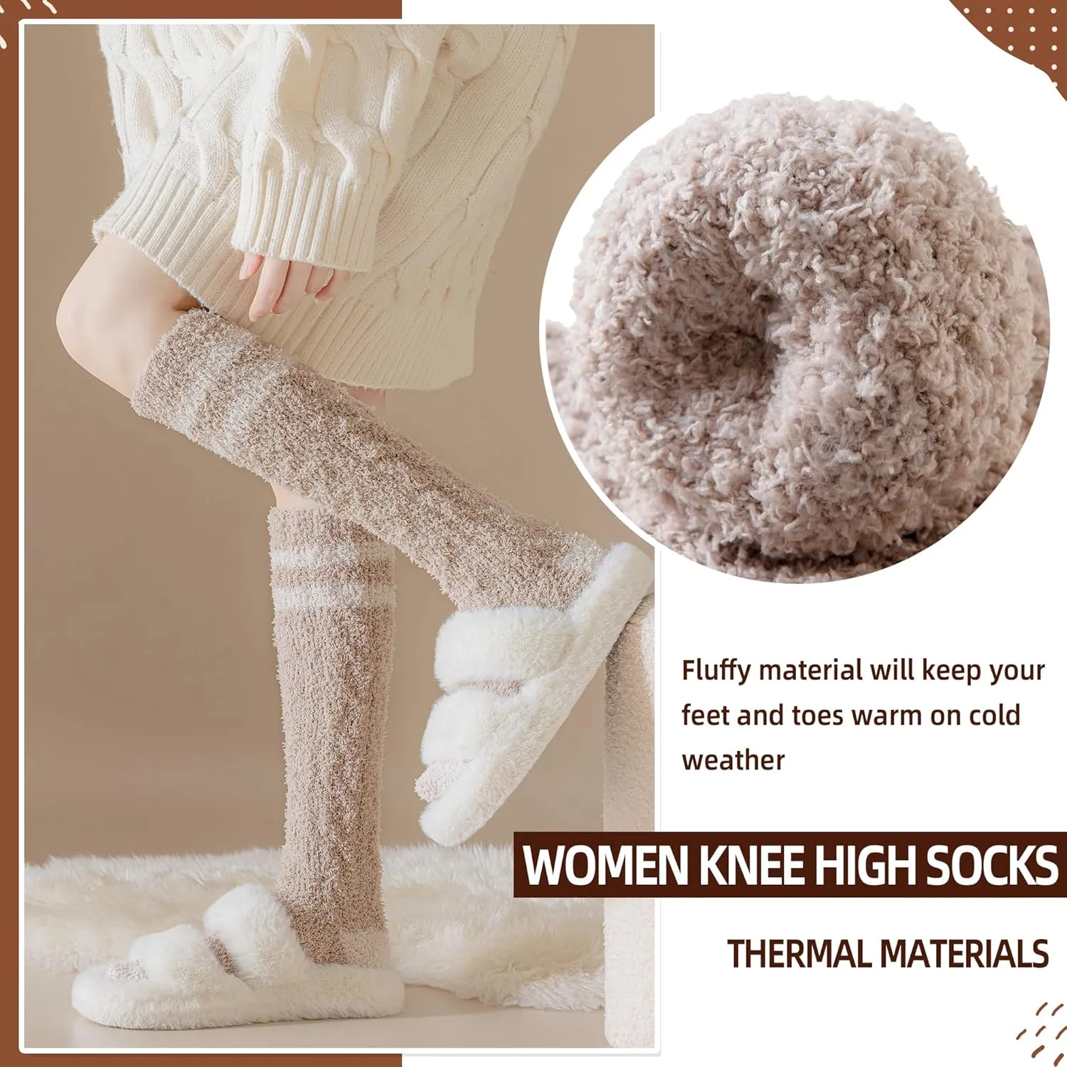 Velice Fuzzy Socks for Women 3 Pairs Knee High Fluffy Soft Warm Stocking Cozy Slipper Plush Winter Long Christmas Socks