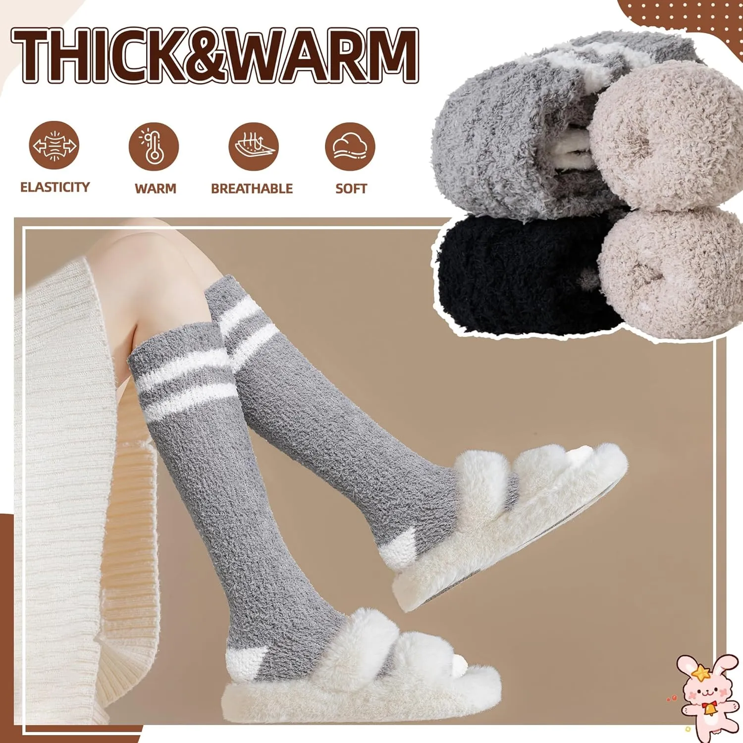 Velice Fuzzy Socks for Women 3 Pairs Knee High Fluffy Soft Warm Stocking Cozy Slipper Plush Winter Long Christmas Socks