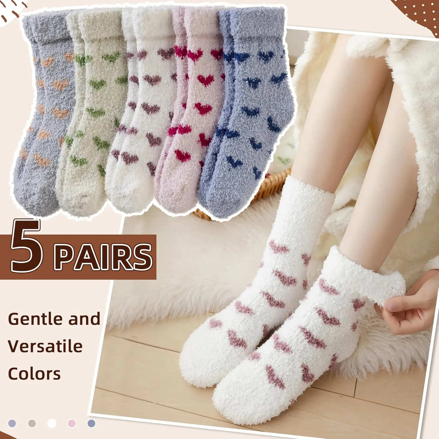 Velice Womens Fuzzy Socks Soft Cozy Fluffy Slipper Socks Winter Warm Plush Sleeping Christmas Socks 5 Pairs