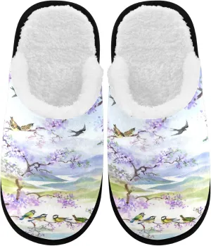 visesunny Bird on Purple Cherry Branch Cozy Fuzzy Mens Womens Memory Foam House Slippers Plush Fleece Indoor Outdoor Slipper