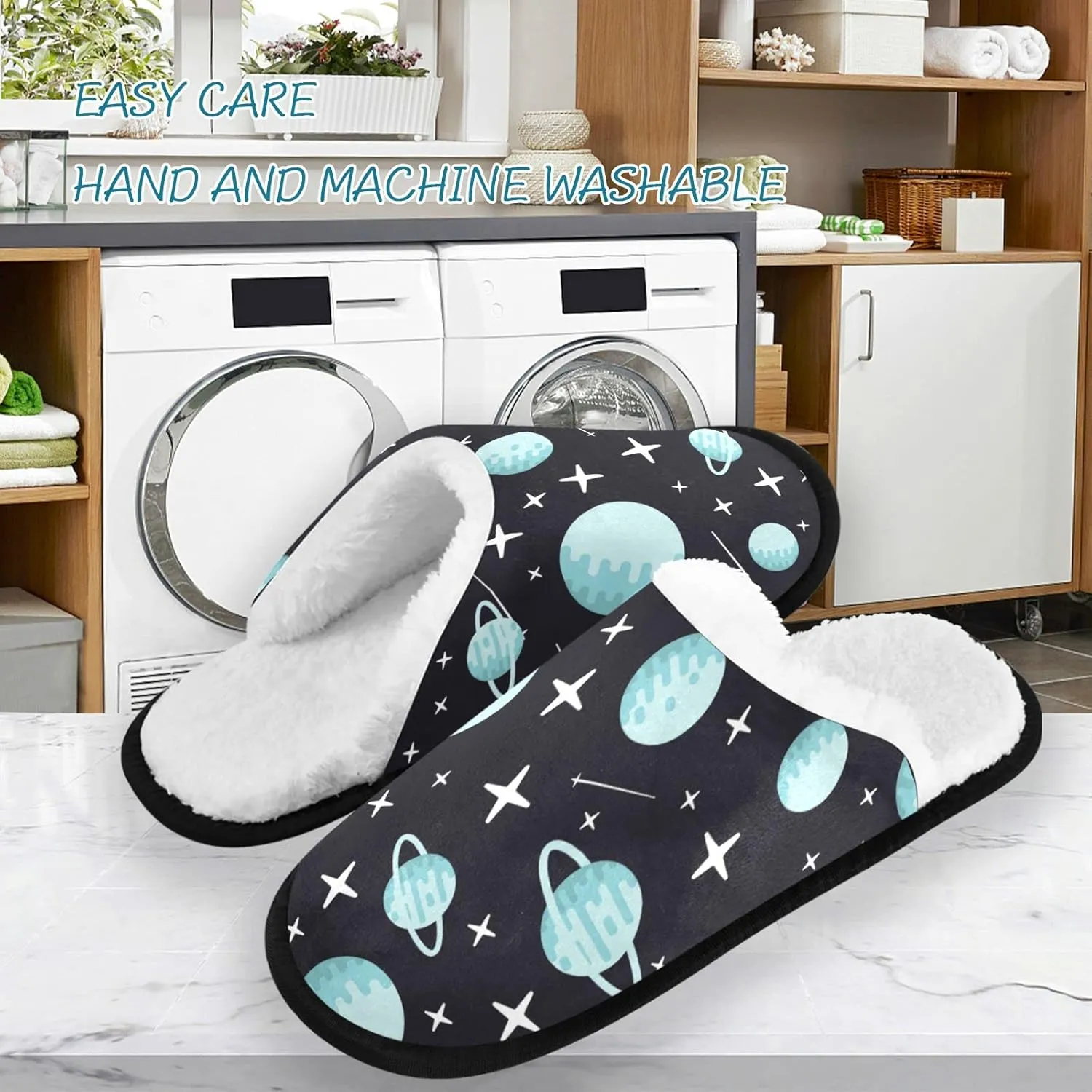 visesunny Blue Space Planet Pattern Cozy Fuzzy Mens Womens Memory Foam House Slippers Plush Fleece Indoor Outdoor Slipper