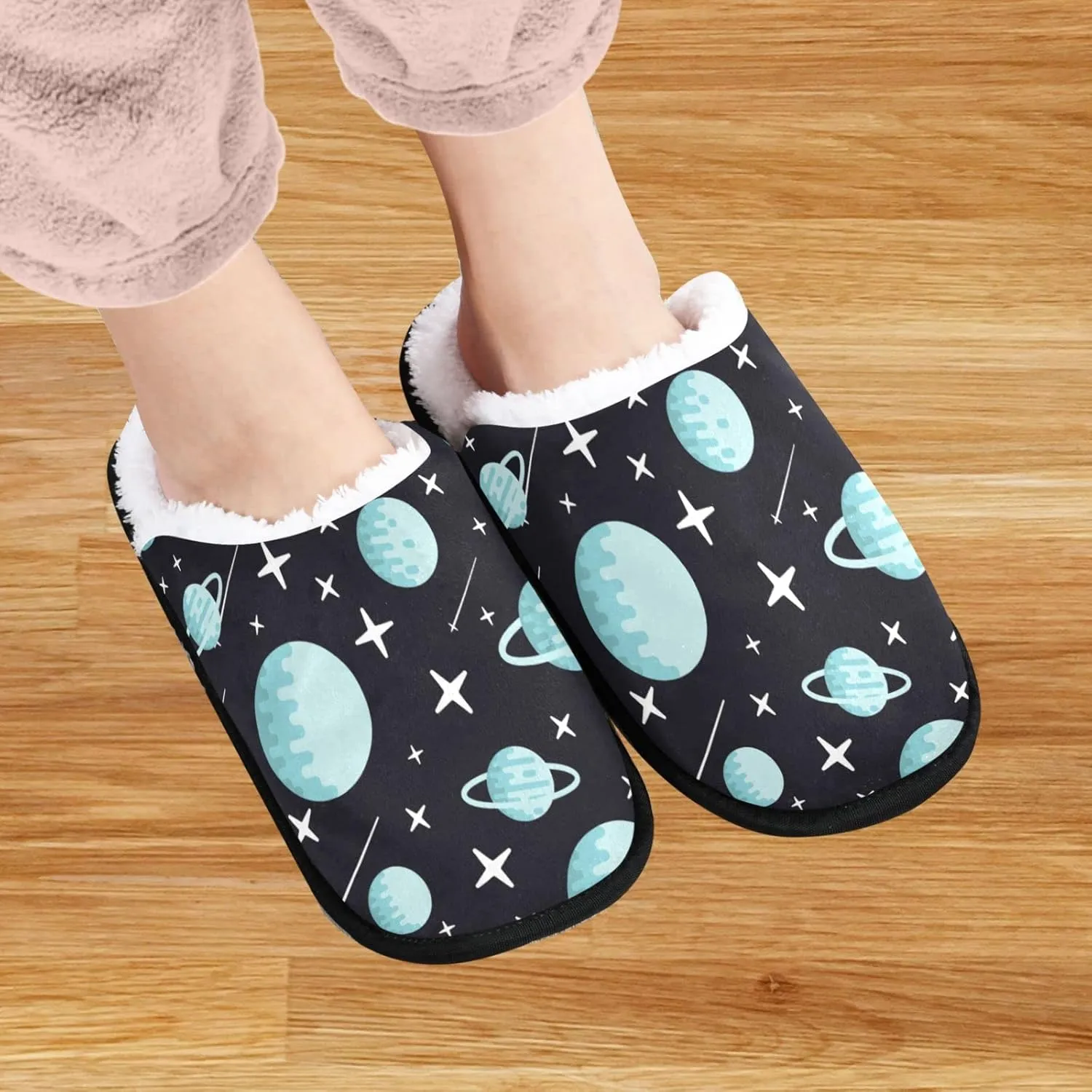 visesunny Blue Space Planet Pattern Cozy Fuzzy Mens Womens Memory Foam House Slippers Plush Fleece Indoor Outdoor Slipper