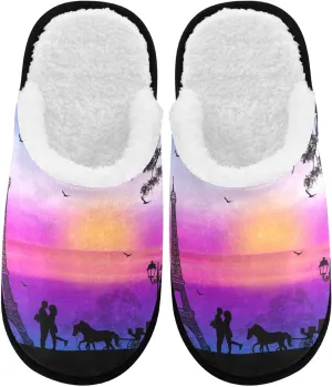 visesunny Carriage and Lovers in Paris Blue Sunset Cozy Fuzzy Mens Womens Memory Foam House Slippers Plush Fleece Indoor Outdoor Slipper