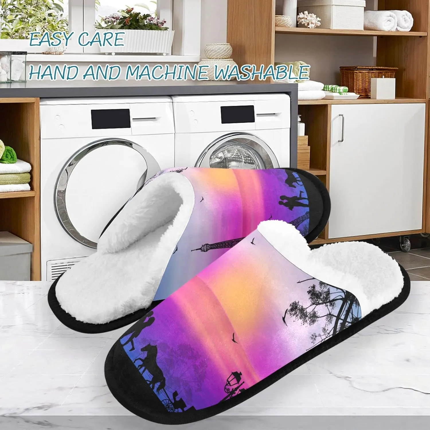 visesunny Carriage and Lovers in Paris Blue Sunset Cozy Fuzzy Mens Womens Memory Foam House Slippers Plush Fleece Indoor Outdoor Slipper