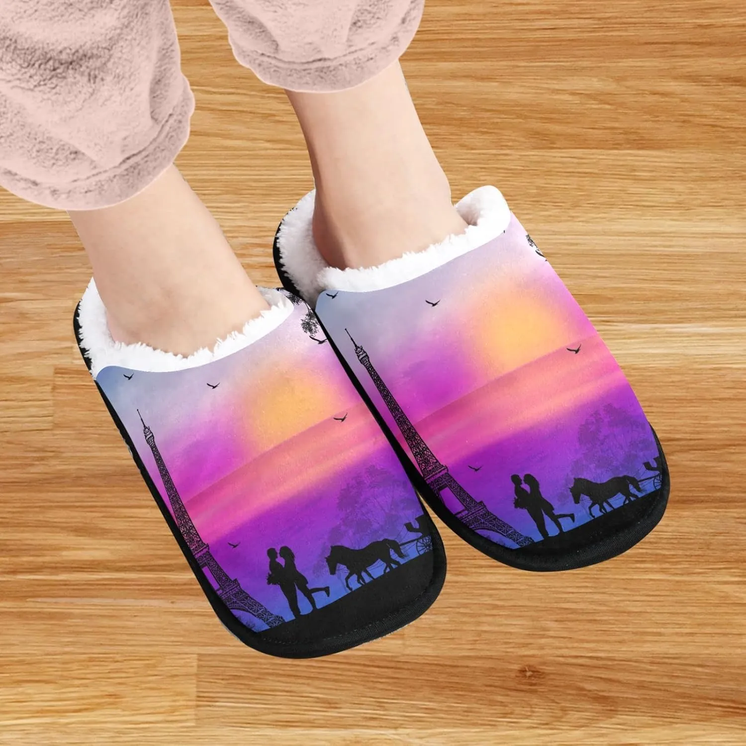 visesunny Carriage and Lovers in Paris Blue Sunset Cozy Fuzzy Mens Womens Memory Foam House Slippers Plush Fleece Indoor Outdoor Slipper