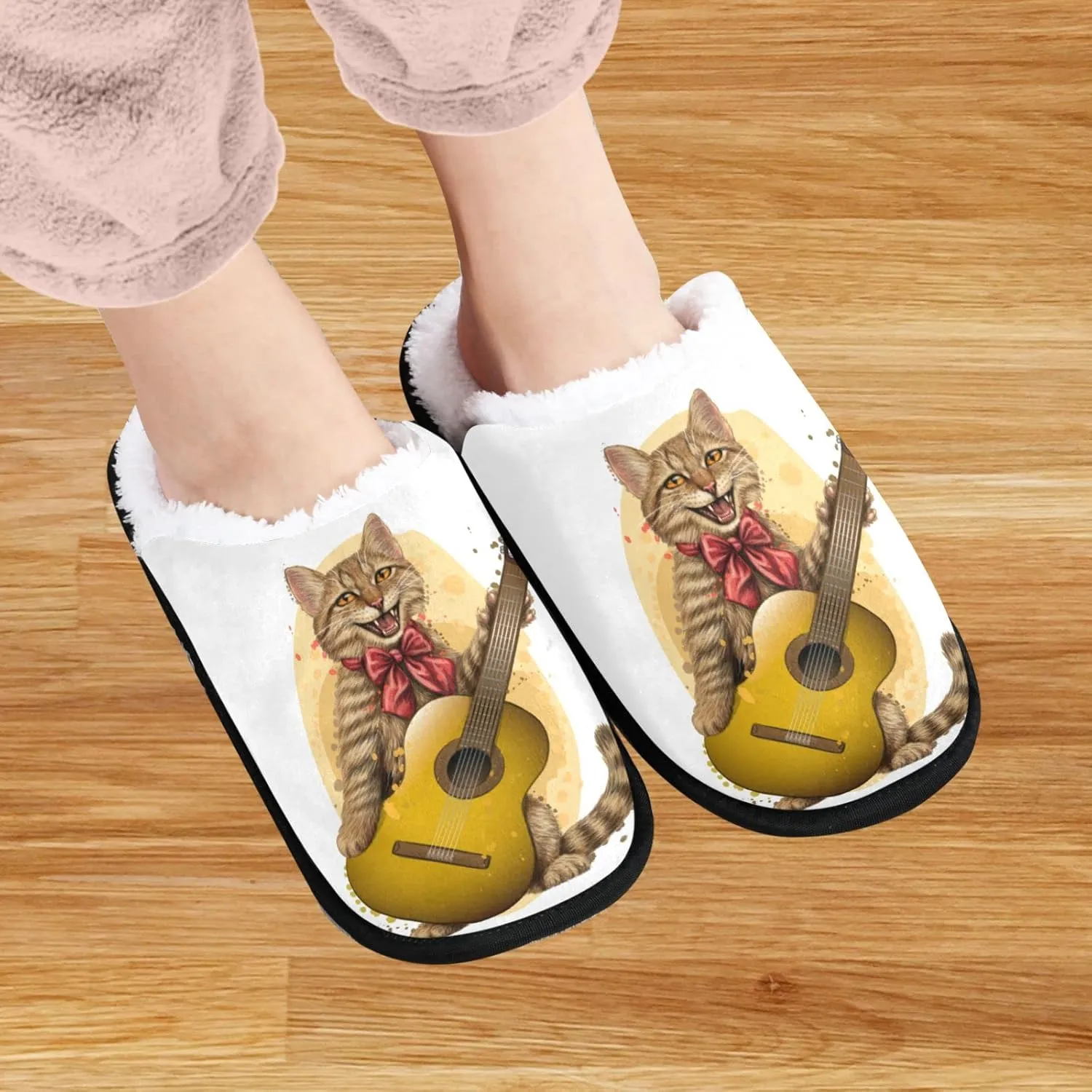 visesunny Cute Cat with Guitar Cozy Fuzzy Mens Womens Memory Foam House Slippers Plush Fleece Indoor Outdoor Slipper