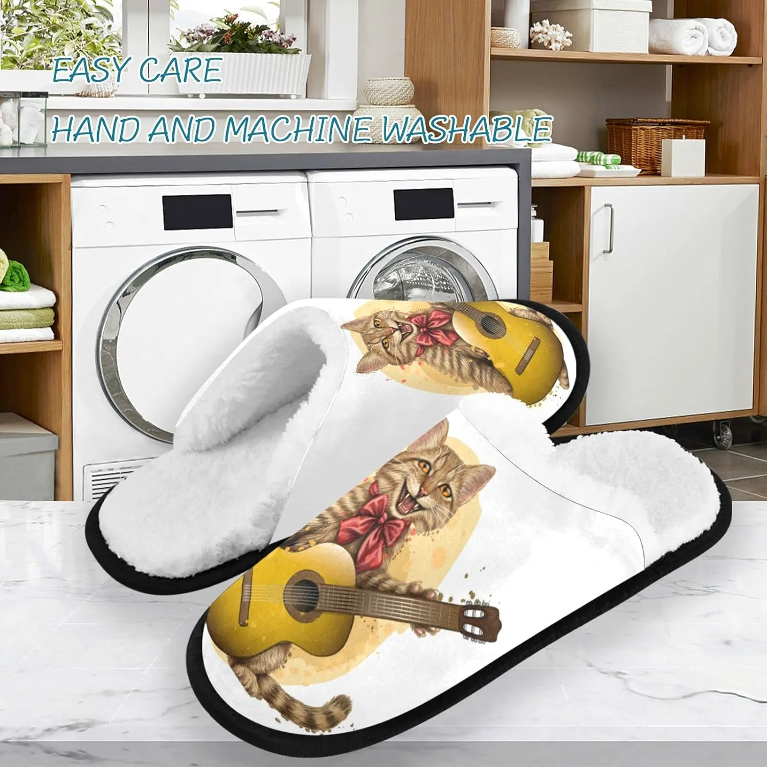 visesunny Cute Cat with Guitar Cozy Fuzzy Mens Womens Memory Foam House Slippers Plush Fleece Indoor Outdoor Slipper