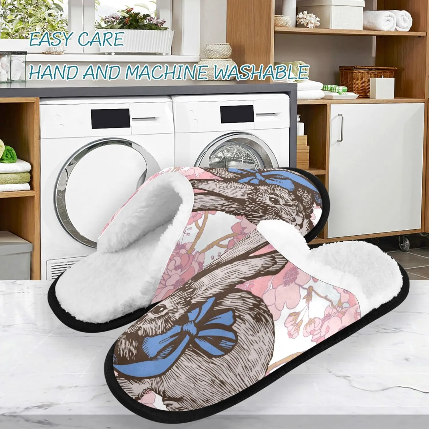 visesunny Easter Bunny Cherry Blossom Cozy Fuzzy Mens Womens Memory Foam House Slippers Plush Fleece Indoor Outdoor Slipper