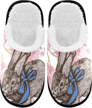 visesunny Easter Bunny Cherry Blossom Cozy Fuzzy Mens Womens Memory Foam House Slippers Plush Fleece Indoor Outdoor Slipper