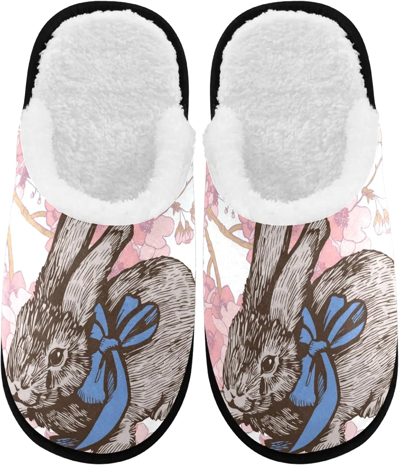 visesunny Easter Bunny Cherry Blossom Cozy Fuzzy Mens Womens Memory Foam House Slippers Plush Fleece Indoor Outdoor Slipper