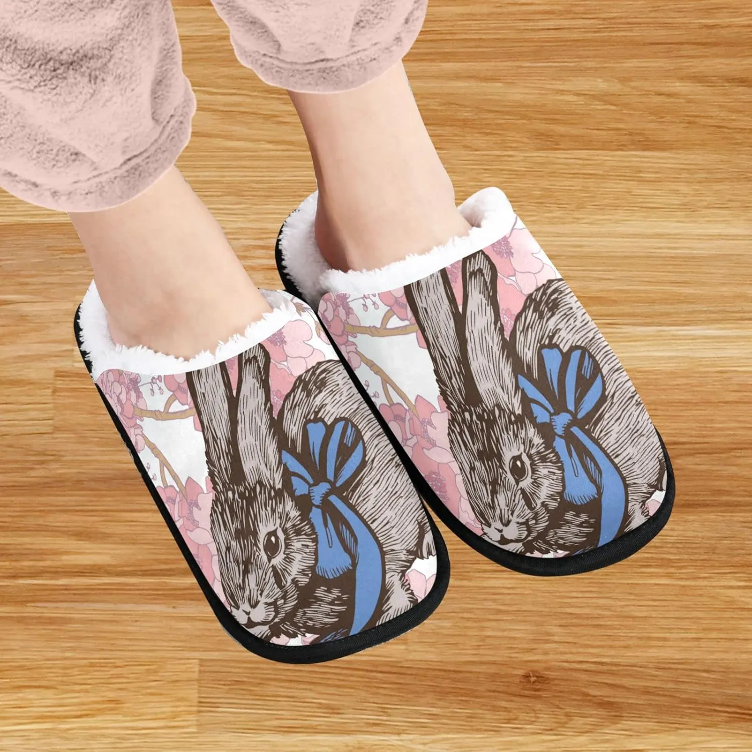 visesunny Easter Bunny Cherry Blossom Cozy Fuzzy Mens Womens Memory Foam House Slippers Plush Fleece Indoor Outdoor Slipper