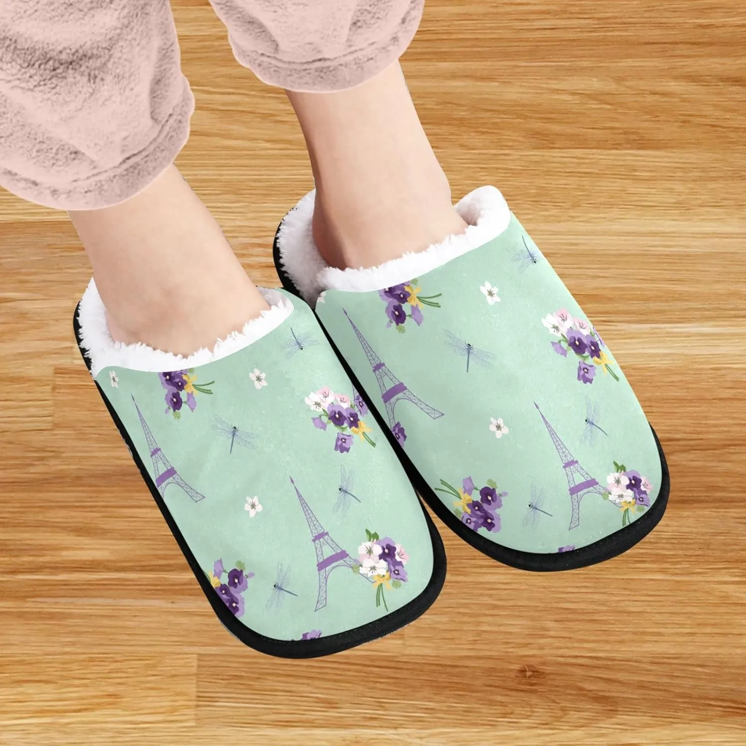 visesunny Pansies Cherry Flower Eiffel Tower Dragonfly Cozy Fuzzy Mens Womens Memory Foam House Slippers Plush Fleece Indoor Outdoor Slipper