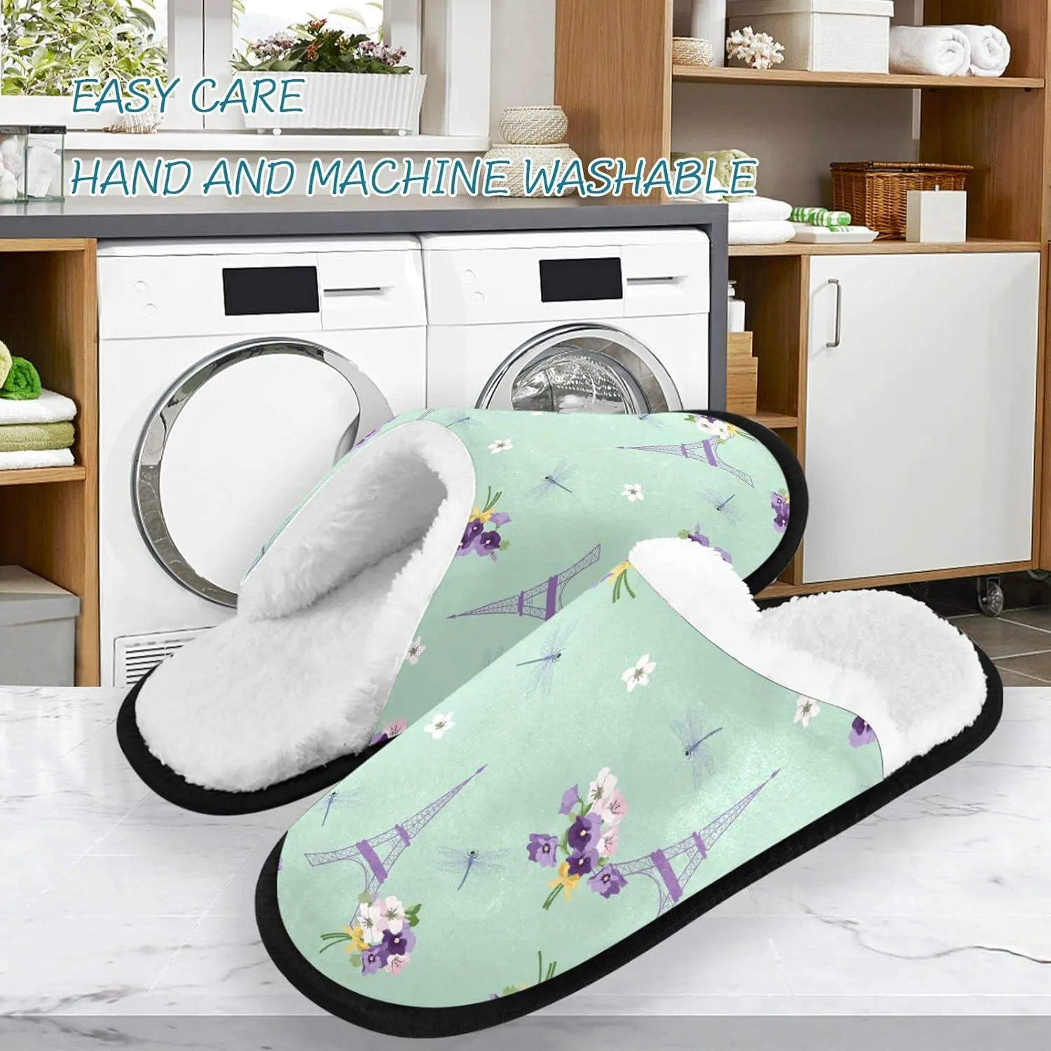 visesunny Pansies Cherry Flower Eiffel Tower Dragonfly Cozy Fuzzy Mens Womens Memory Foam House Slippers Plush Fleece Indoor Outdoor Slipper