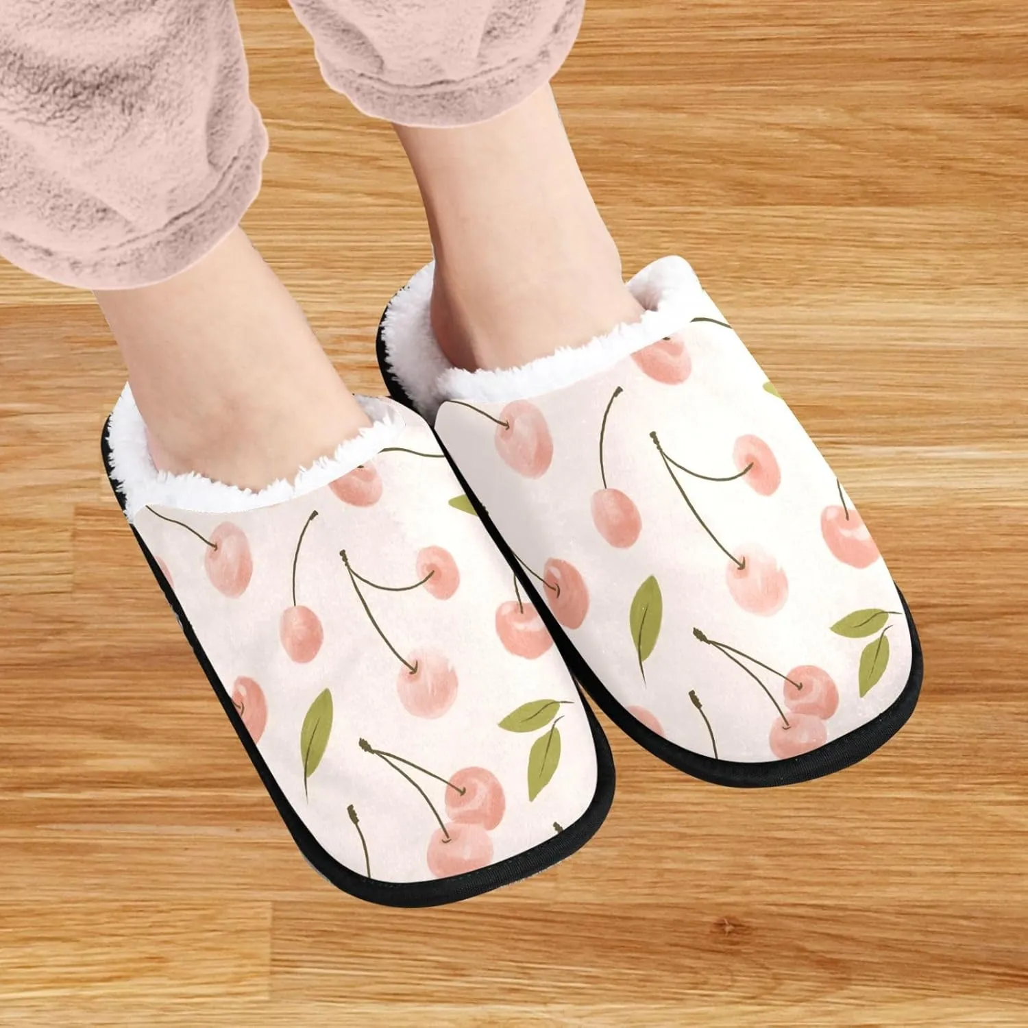 visesunny Pink Cherry Fruit Cozy Fuzzy Mens Womens Memory Foam House Slippers Plush Fleece Indoor Outdoor Slipper