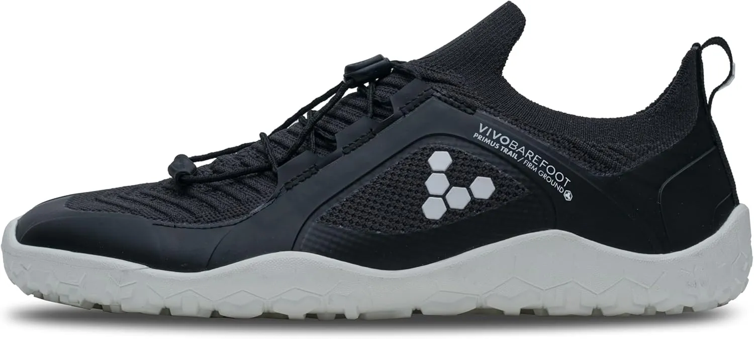 Vivobarefoot Primus Trail Knit FG Mens | Barefoot Trainers | Ultra-Lightweight Shoe | Build Strength, Balance & Mobility | Wide Fit Grounding Shoes | Flexible Obsidian/White