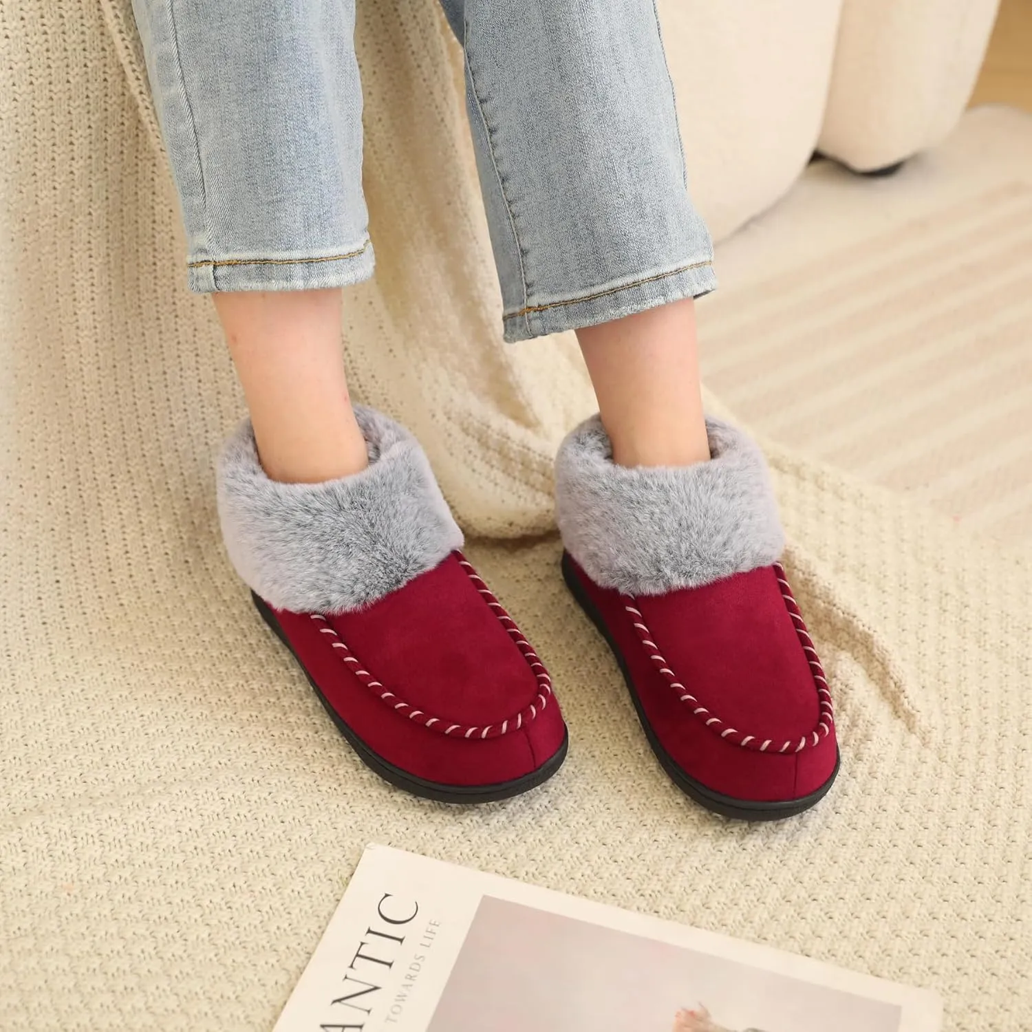 VONMAY Women's Bootie Slippers Suede Moccasin Boots Fuzzy Plush Faux Fur House Shoes Winter Warm Memory Foam Non-slip Indoor Outdoor