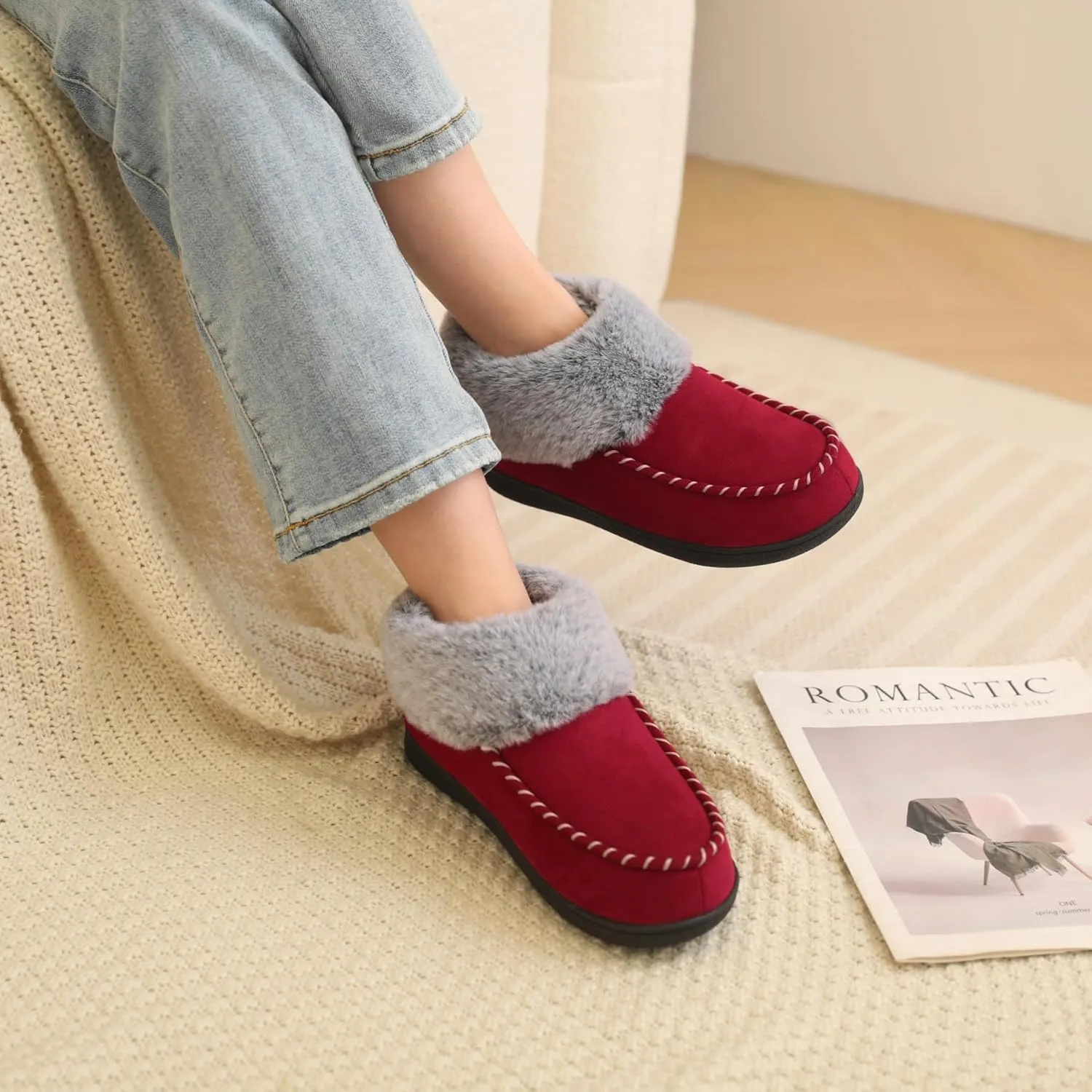 VONMAY Women's Bootie Slippers Suede Moccasin Boots Fuzzy Plush Faux Fur House Shoes Winter Warm Memory Foam Non-slip Indoor Outdoor
