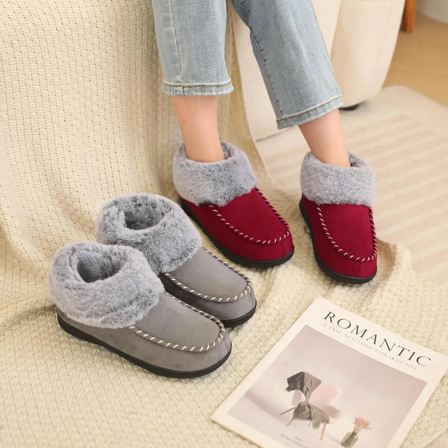 VONMAY Women's Bootie Slippers Suede Moccasin Boots Fuzzy Plush Faux Fur House Shoes Winter Warm Memory Foam Non-slip Indoor Outdoor