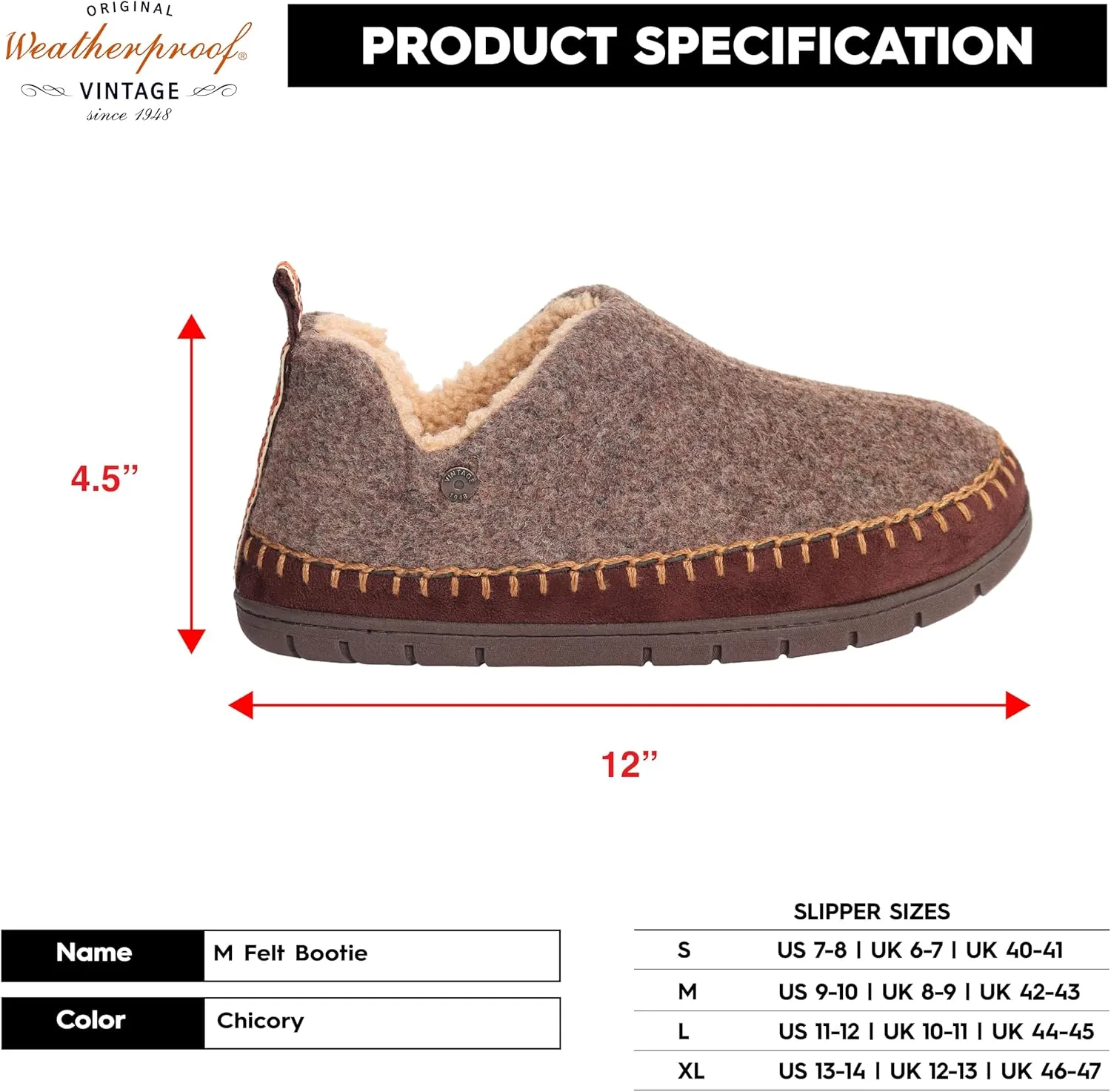 Weatherproof Vintage Men’s Felt Bootie Slipper with Faux Shearling Lining and Indoor Outdoor Sole