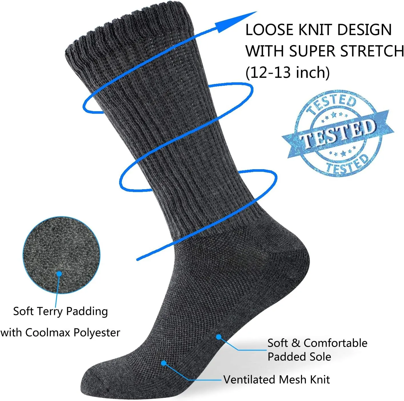 Well Knitting Loose Men's Diabetic Crew Socks,Non-Binding Top,Seamless Toe,Semi Cushion,Breathable Soft Coolmax Socks 4 Pairs