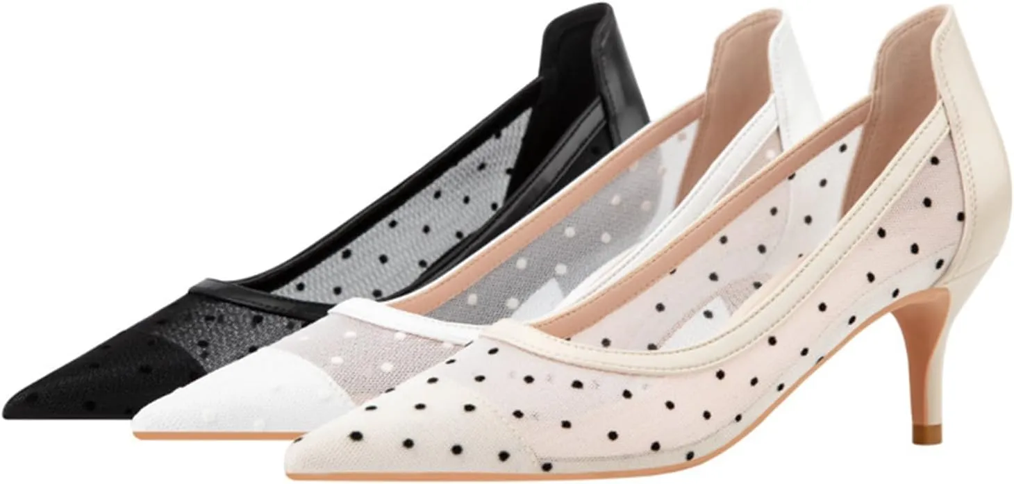 WENOREG Women's Mesh Breathable Pointed Toe Slip On Pumps Comfy Kitten Heels Closed Toe Wedding Party Office Work Dress Shoes
