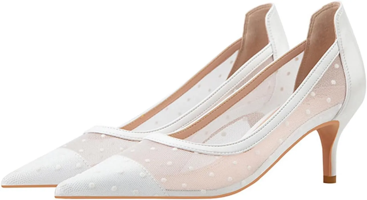 WENOREG Women's Mesh Breathable Pointed Toe Slip On Pumps Comfy Kitten Heels Closed Toe Wedding Party Office Work Dress Shoes