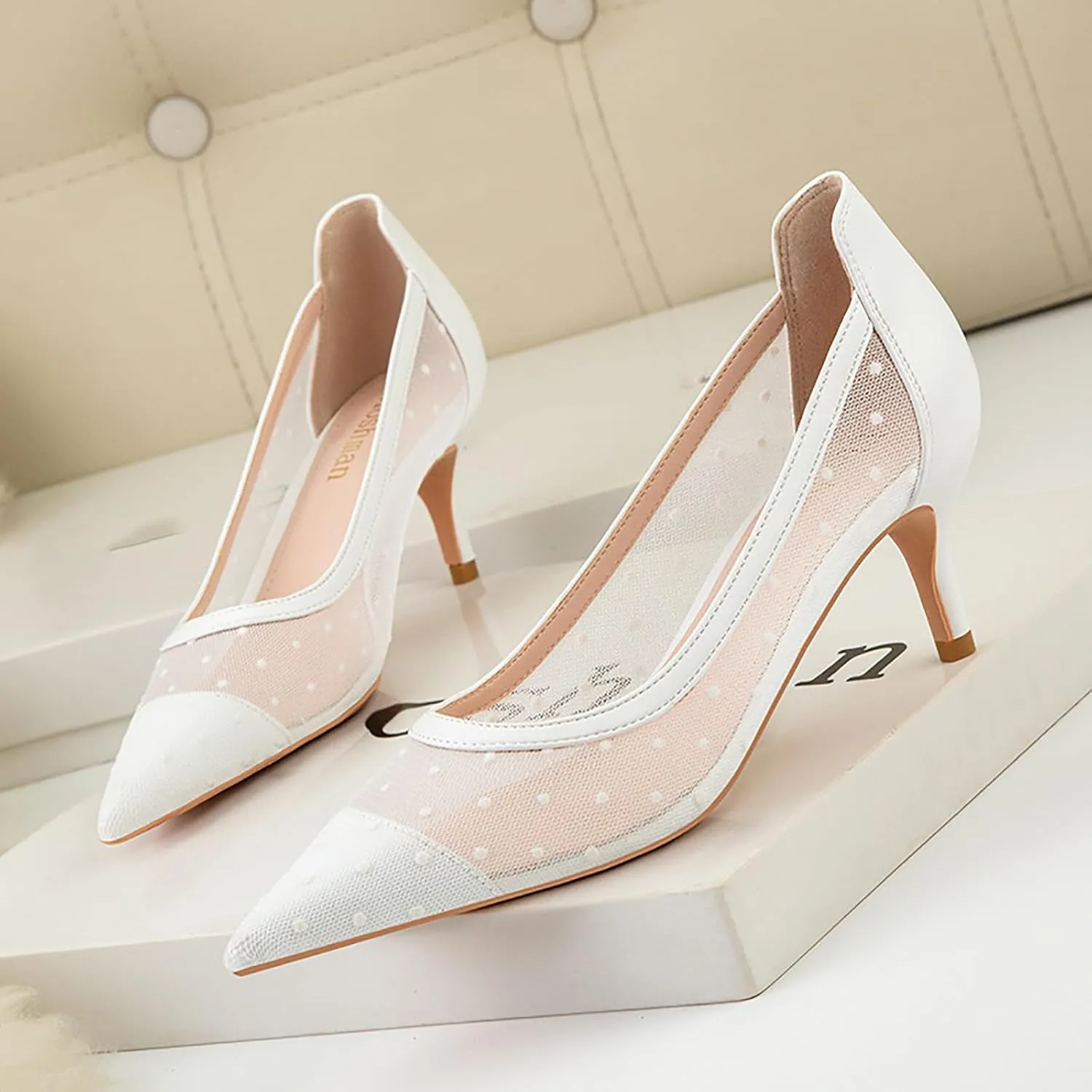 WENOREG Women's Mesh Breathable Pointed Toe Slip On Pumps Comfy Kitten Heels Closed Toe Wedding Party Office Work Dress Shoes