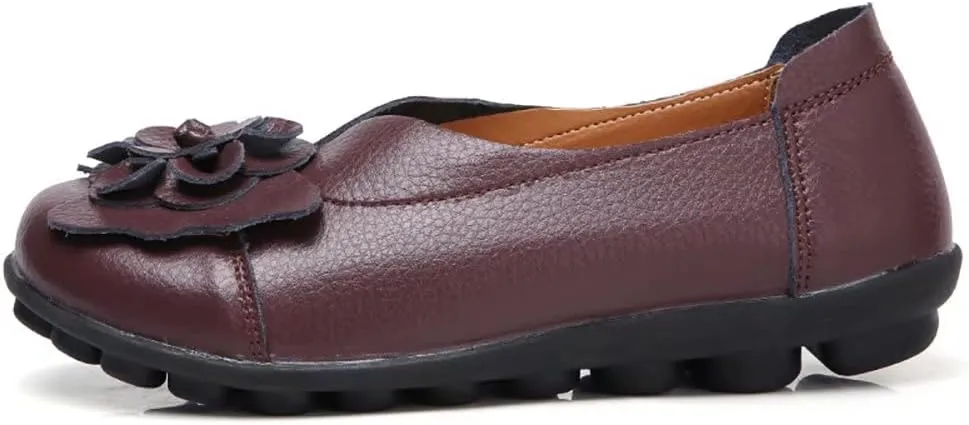 WERWAES Casual Leather Loafers Shoes for Womens Slim Lightweight Soft Sole Flat Moccasins Shoes with Flowers Cowhide Round Toe Slip on Womens Loafer Indoor Outdoor Walking Womens Shoes