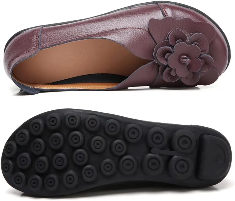 WERWAES Casual Leather Loafers Shoes for Womens Slim Lightweight Soft Sole Flat Moccasins Shoes with Flowers Cowhide Round Toe Slip on Womens Loafer Indoor Outdoor Walking Womens Shoes