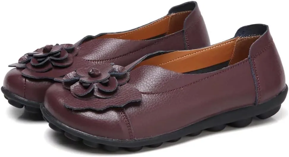 WERWAES Casual Leather Loafers Shoes for Womens Slim Lightweight Soft Sole Flat Moccasins Shoes with Flowers Cowhide Round Toe Slip on Womens Loafer Indoor Outdoor Walking Womens Shoes
