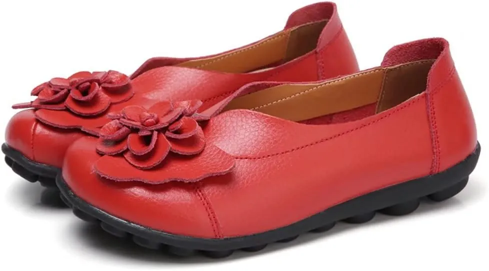WERWAES Casual Leather Loafers Shoes for Womens Slim Lightweight Soft Sole Flat Moccasins Shoes with Flowers Cowhide Round Toe Slip on Womens Loafer Indoor Outdoor Walking Womens Shoes